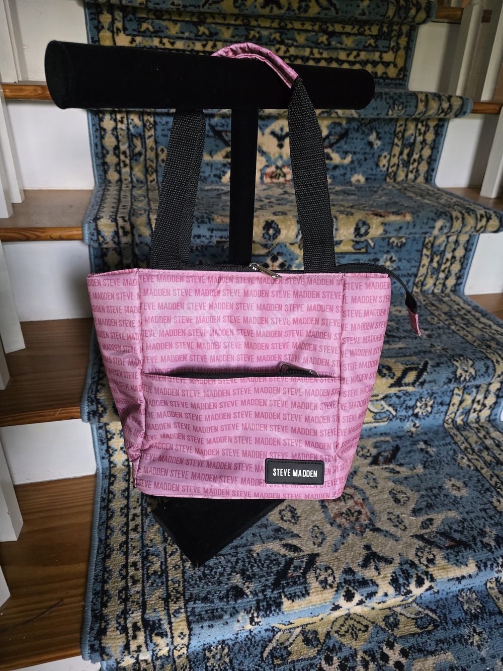 Steve Madden Pink Logo Repeat Lunch Tote with Black Straps